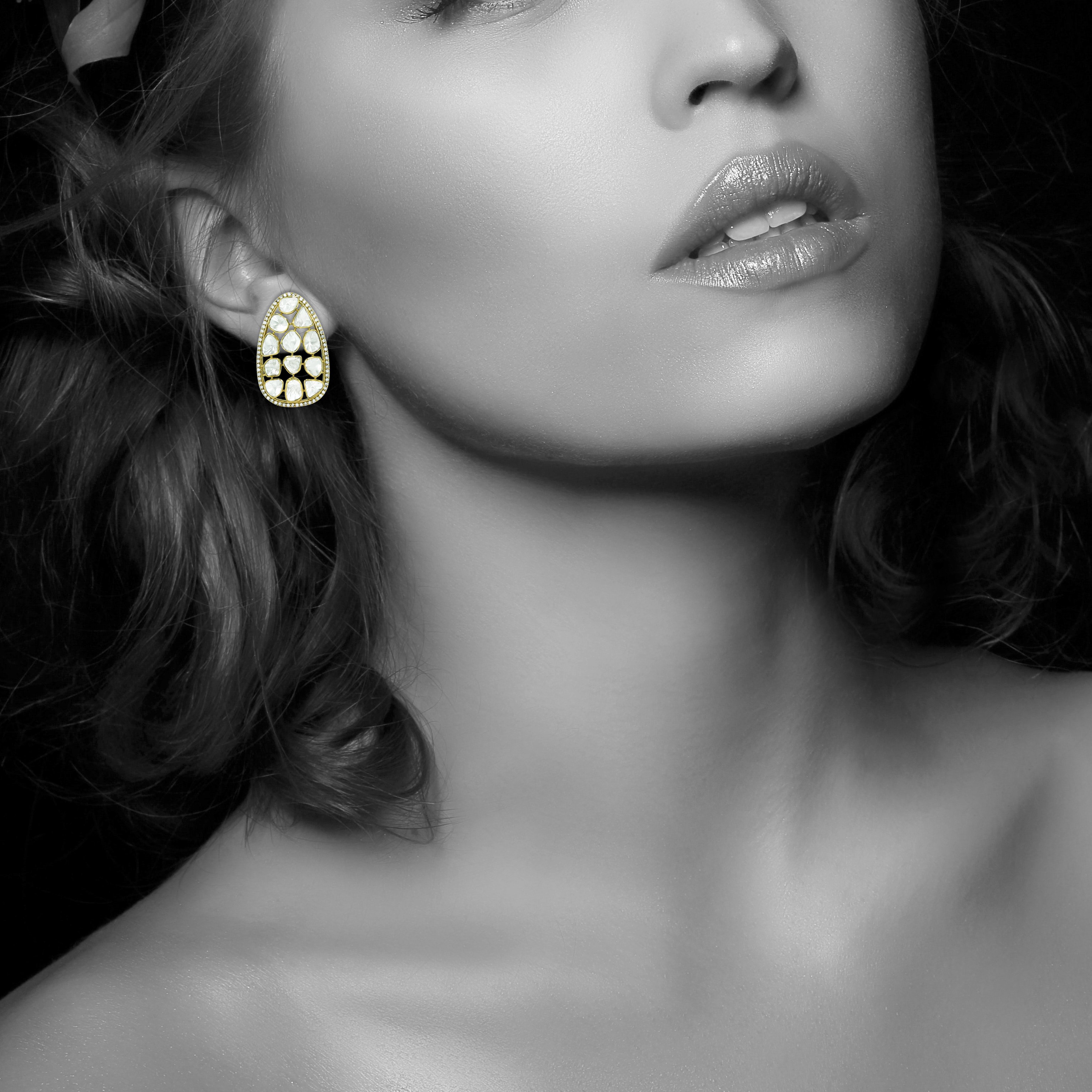 Openwork Polki Earrings with Diamond Borders